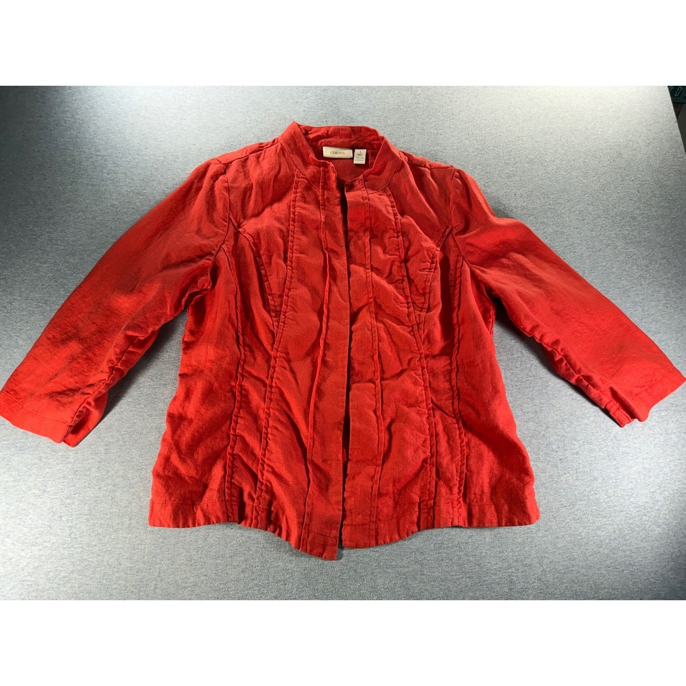 Chicos coral 100% Linen Pintuck Pleated Open Front Jacket Blazer Size 1 Medium